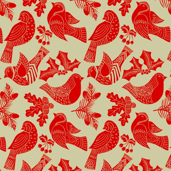 Christmas Folk Robins Red Wrapping Paper