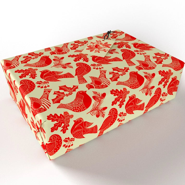 Christmas Folk Robins Red Wrapping Paper