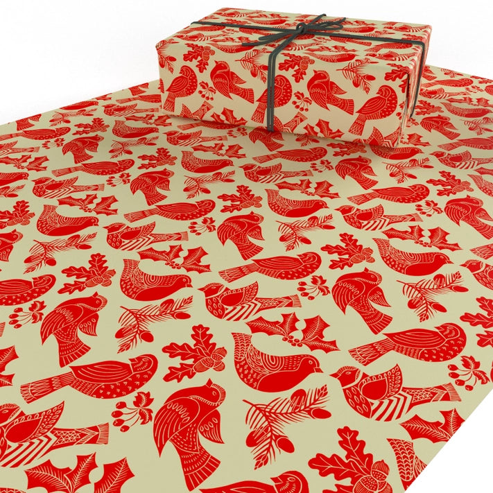 Christmas Folk Robins Red Wrapping Paper