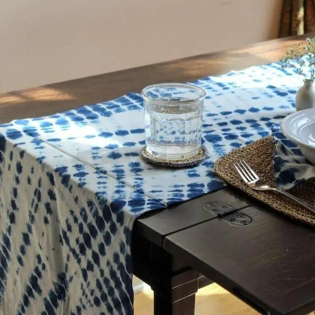 Double Sided Cotton Table Runner In Tie-Dye Indigo