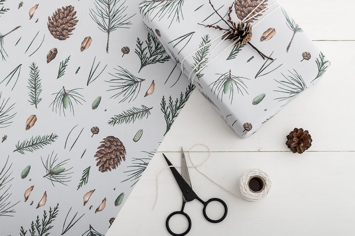 White Pine Grey Christmas Wrapping Paper